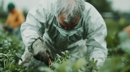 An individual wearing protective clothing and gloves tends to leafy green plants in an outdoor agricultural setting during daylight hours, focusing intently on their task.