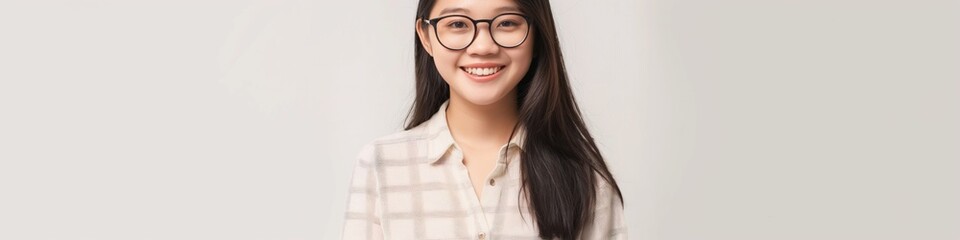 Obraz premium A woman with glasses is smiling and wearing a white shirt. She has long hair and is posing for a picture