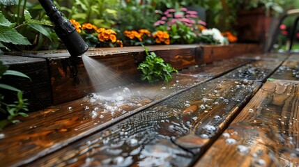 A pressure washer is spraying water on a wooden deck