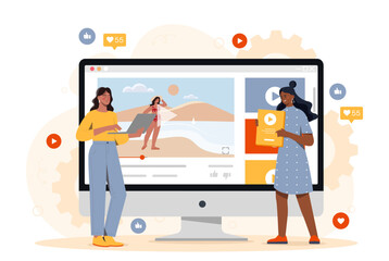 Content creators concept. Two women near computer monitor. Creative persons with video for social networks. Popular blogers online. Flat vector illustration isolated on white background