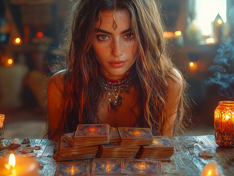 A tarot reader in a dimly lit room, shuffling tarot cards, surrounded by mystical elements like candles and crystals. Perfect for spiritual and esoteric themes