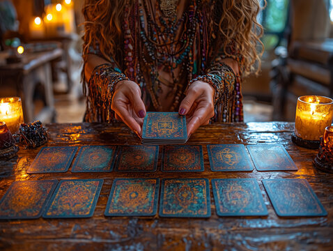 A tarot reader in a dimly lit room, shuffling tarot cards, surrounded by mystical elements like candles and crystals. Perfect for spiritual and esoteric themes