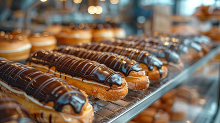 A tray of chocolate-covered eclairs in a bakery display.