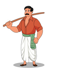 A village man cartoon character holding a stick in a hand