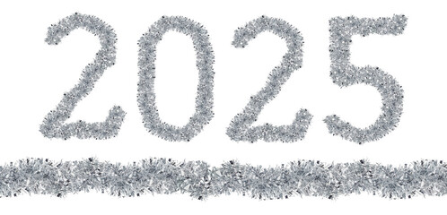 New Year 2025 made from New Year's tinsel, isolated Christmas tinsel, tinsel garland