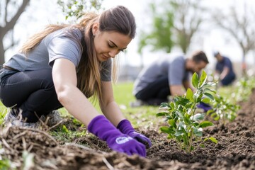 Volunteer participants engage in community garden planting on a sunny afternoon in early spring