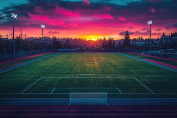A Soccer Field at Sunset with Pink and Blue Clouds
