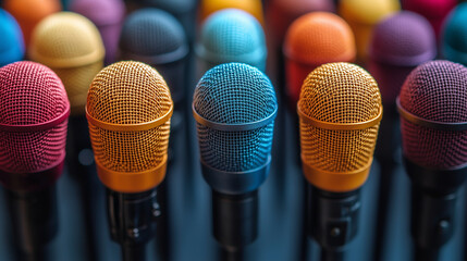 Obraz premium Participatory Democracy: A public forum with citizens voicing their opinions through microphones.