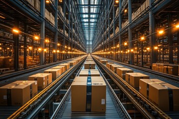 Automated Conveyor System Moving Cardboard Boxes in a Large Warehouse