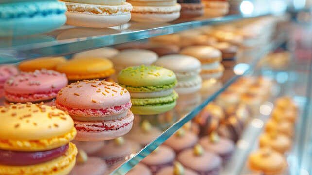 Colorful macarons on display in a bakery.