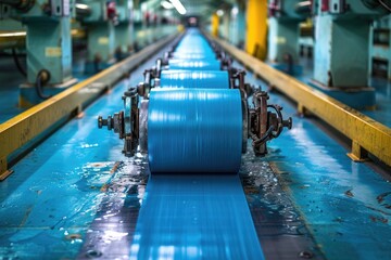 Obraz premium Blue Plastic Sheet Moving on a Conveyor Belt in a Factory