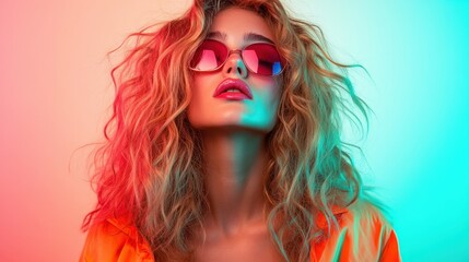 A stylish individual with curly hair stands radiantly lit by neon colors, combining blue and pink hues, creating an eye-catching and expressive visual appeal in an urban setting.