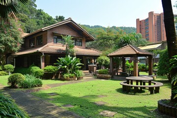 Brick House with Gazebo and Lush Greenery in a Sunny Courtyard
