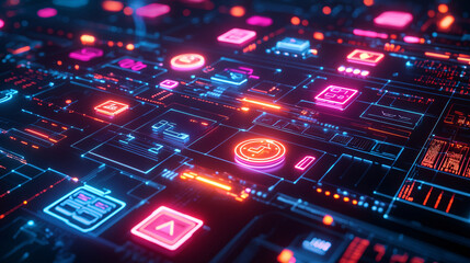 Obraz premium A 3D digital asset management system with glowing asset icons, representing the organization and control of financial portfolios and assets 