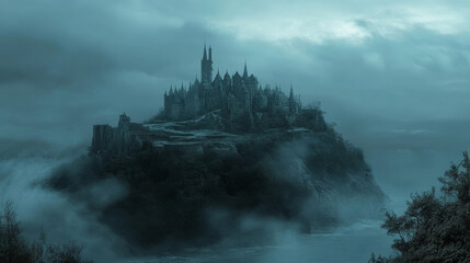 Fototapeta premium Haunted Halloween castle on hilltop with swirling mist 