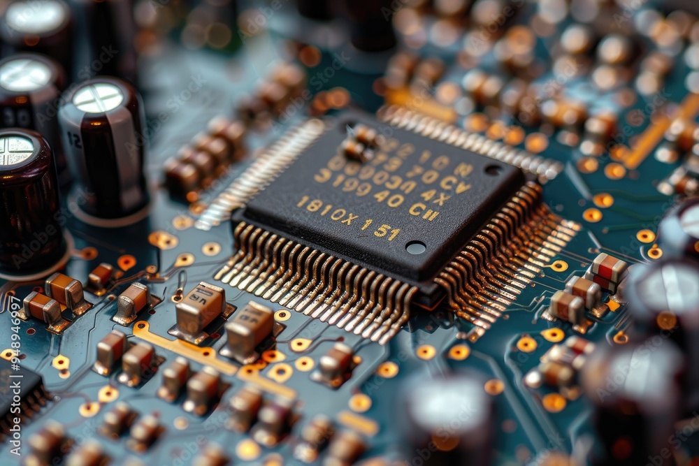 Wall mural close-up of a microchip on a circuit board