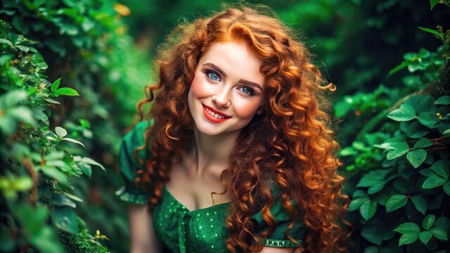 Adorable freckled-faced young woman with curly red hair, wearing a green dress, smiles mischievously amidst lush greenery, evoking Irish charm and whimsy.