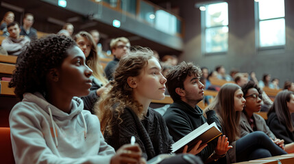 Obraz premium Diverse Group of College Students Attentively Listening to Lecture in a University Auditorium