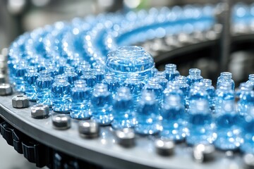 Close-up of Water Bottles on a Conveyor Belt in a Factory