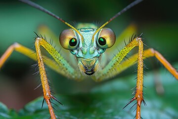 Fototapeta premium Close-up Portrait of a Spiny Green Insect with Large Compound Eyes