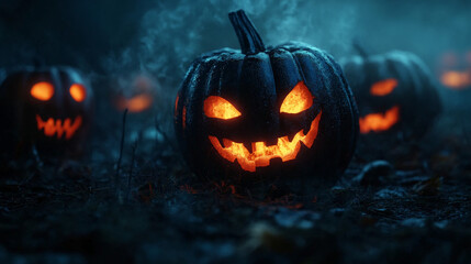 Obraz premium Halloween jack-o'-lanterns with glowing eyes on a misty night 