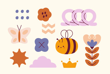 Children cute boho stickers set. Bumblebee, sun and flower. Bohemian style icon. Trendy patterns and ornaments. Creativity and art. Flat vector collection isolated on beige background