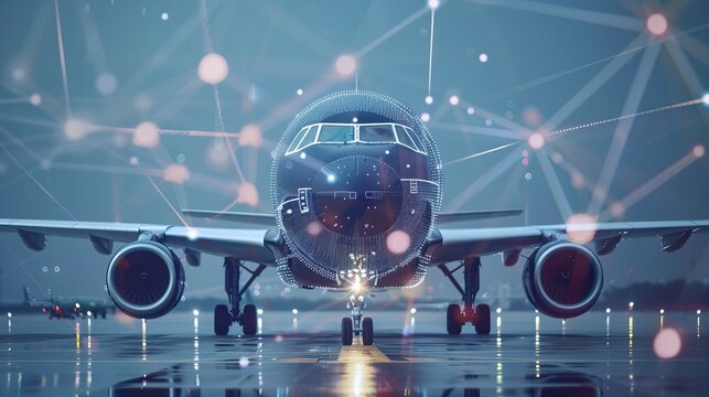 Modern Airplane on Runway with Digital Network Overlay Representing Advanced Technology and Connectivity