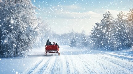 A serene winter evening sleigh ride through snow-covered trees and falling snowflakes