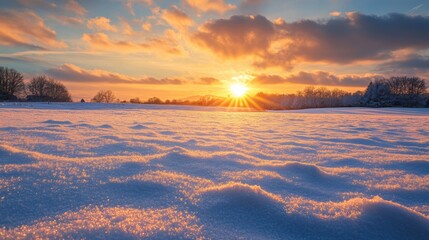 Sunset over a snowy landscape with vibrant colors near a tranquil winter field