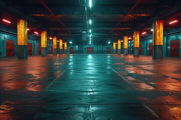 Empty, Wet, and Neon-Lit Parking Garage