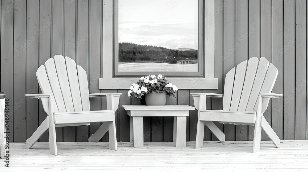 Wall mural a monochrome image of two chairs, a table, and a potted plant in front of a window