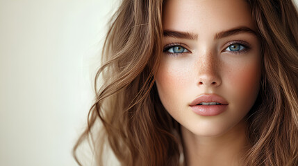 Fototapeta premium Beautiful Woman with Freckles and Blue Eyes