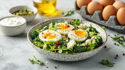   Bowl of broccoli and eggs with cartons of eggs and yogurt nearby
