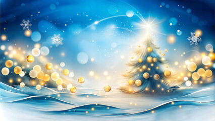 Snowy Christmas Tree with Golden Ornaments on a Blue Winter Background