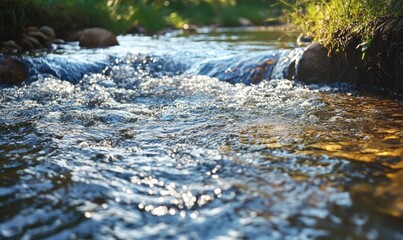 Flowing river with soft ripples, clear water reflecting the sunlight