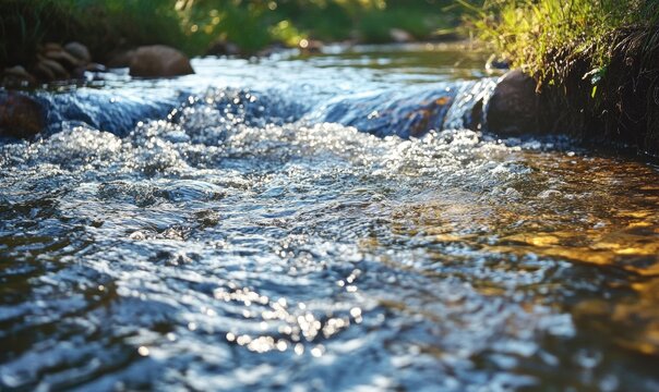Flowing river with soft ripples, clear water reflecting the sunlight