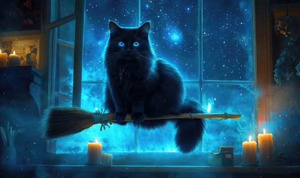Fluffy black cat sitting daintily on a floating broom