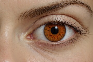 Fototapeta premium close up of a cute female eye ,Write a scene where a character with tigers eye ,Eye with green iris,Cropped close up bloodshot eye,Close up detail beautiful female eye macro, fashion naturel makeup.