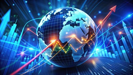 A futuristic 3D financial graphics illustration featuring a globe surrounded by orbiting charts, graphs, and rising stock market arrows, symbolizing global economic growth and success.
