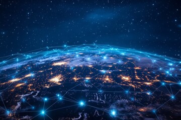 Global Connectivity: Blue Lines Connecting Cities on a Night Sky Map