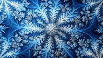 Frozen fractal patterns unfold in shimmering icy blues and whites, swirling intricate geometric shapes against a dark