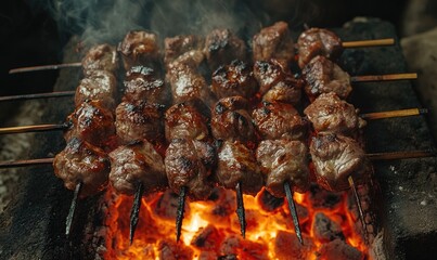 Juicy meat turning on a skewer above glowing hot coals