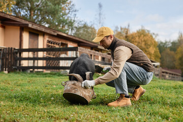 Side view of adult male farmer in warm clothes feeding black goat as animal eating from round trough on green meadow at countryside farm during autumn season, copy space