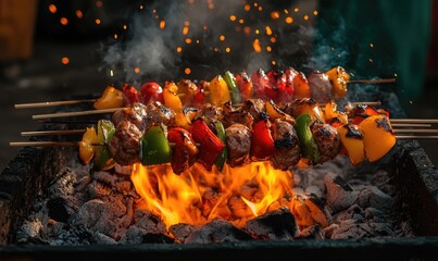 Meat and vegetable skewers roasting over coals