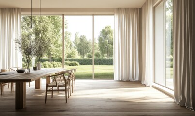 Minimalist dining room, floor-to-ceiling window