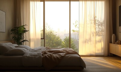 Minimalist bedroom with panoramic window, neutral-colored curtains