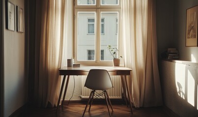 Minimalist home office, window with beige curtains