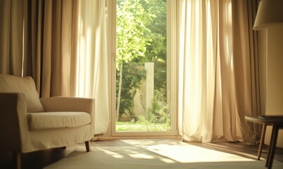Minimalist guest room, window with neutral curtains