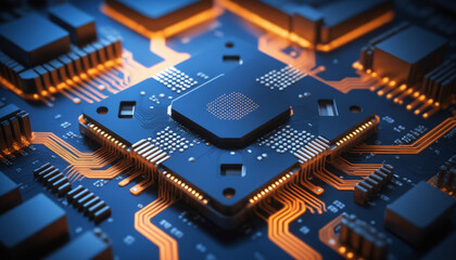 Puce lumineuse informatique moderne composants ordinateur pc circuit imprimé carte mère.