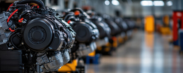 Fototapeta premium Multiple engines lined up in a factory, highlighting assembly line production and advanced manufacturing processes.